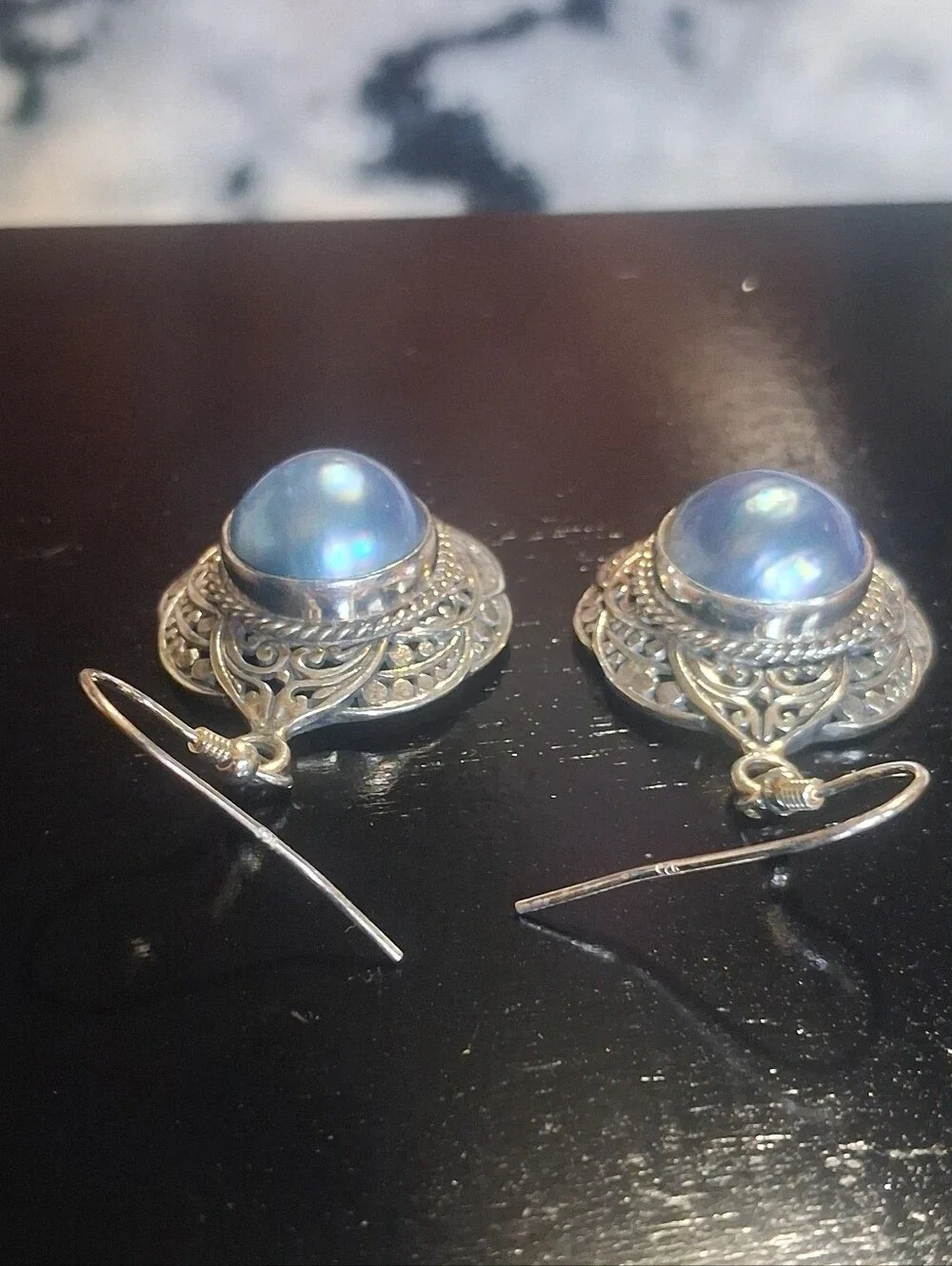 Cultured Blue Mabe Pearl Sterling Silver Dangle Drop Earrings Balinese Style